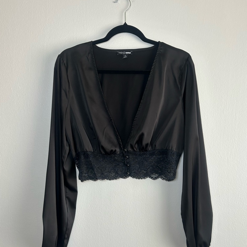 Black Fashion Nova satin button-up crop top